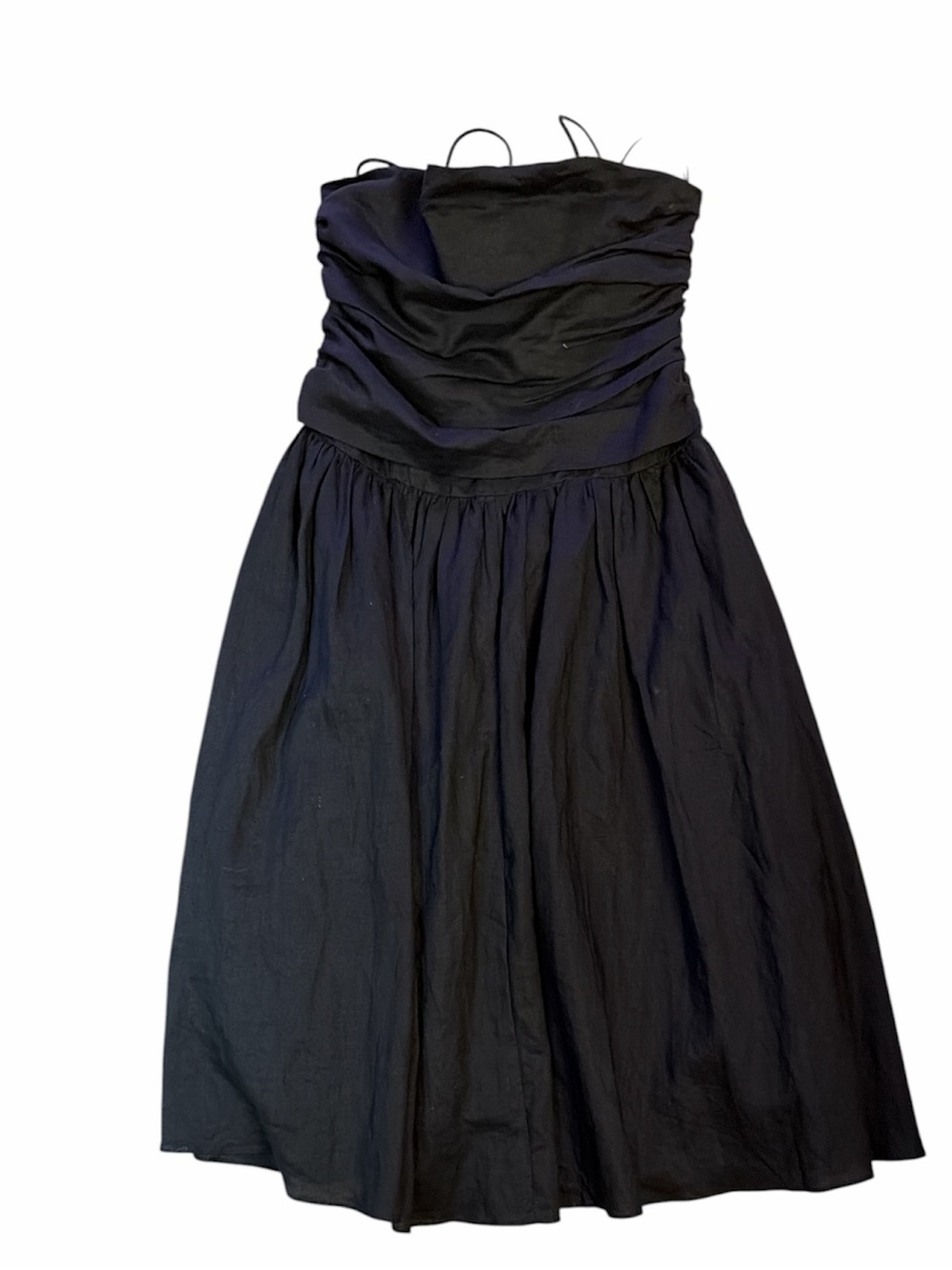 Elegant Strapless Black Linen Dress with Ruched Bodice